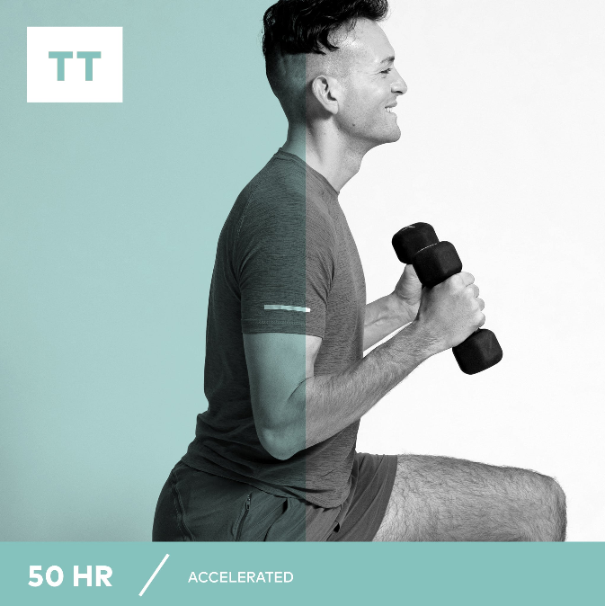Man exercising with a dumbbell on a light blue background, with 'TT' logo and text overlay.